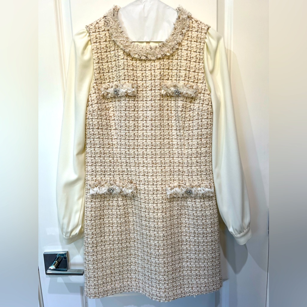 Tweed A Line Dress (Above The Knee) - White, 40% Wool; Size: Small
